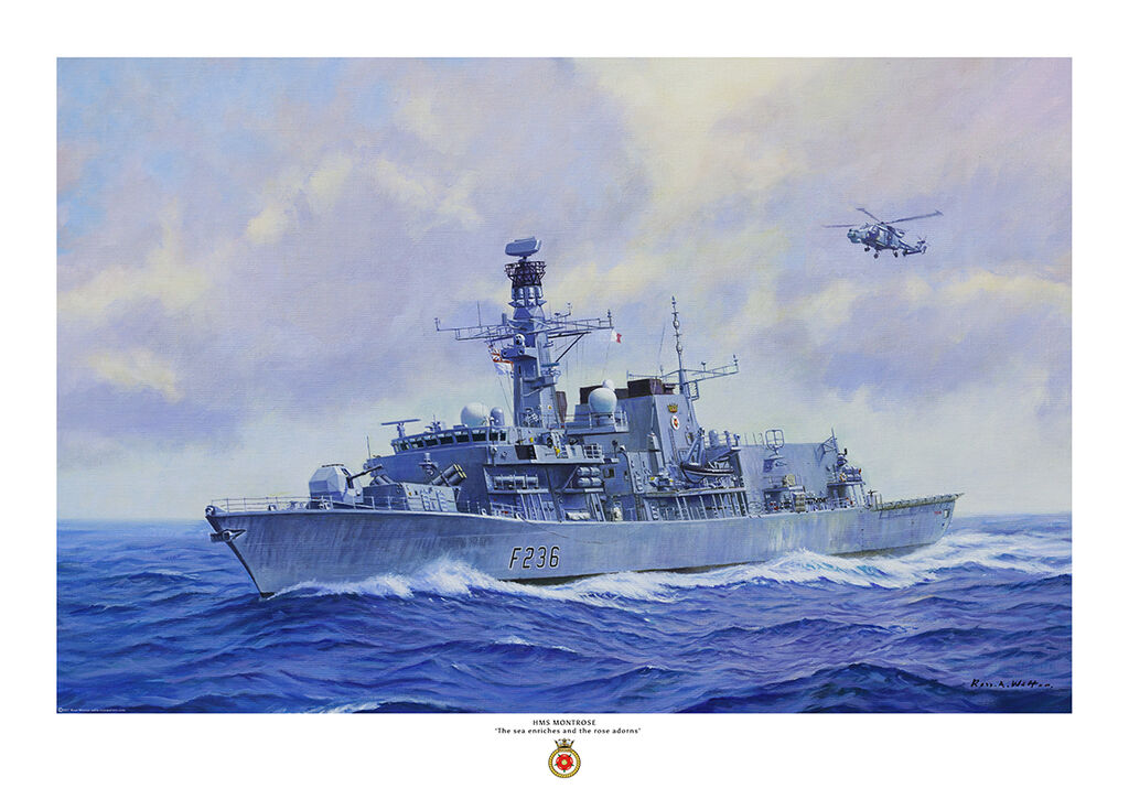 HMS Montrose port bow view with Lynx helicopter airborne overhead. the ship is fitted with Sea Ceptor missile system.