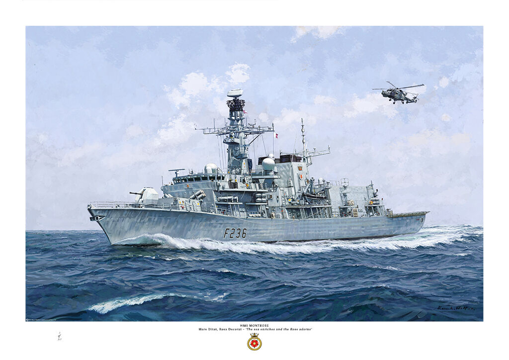 HMS Montrose port bow view with Lynx helicopter airborne overhead. the ship is fitted with Sea Ceptor missile system.