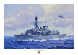 HMS Montrose port bow view with Lynx helicopter airborne overhead. the ship is fitted with Sea Ceptor missile system.