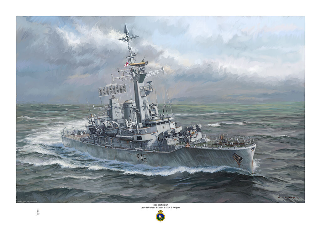 HMS Minerva turning to port showing her starboard bow and her Exocet launchers, in a greens choppy sea with rain clouds in the sky.