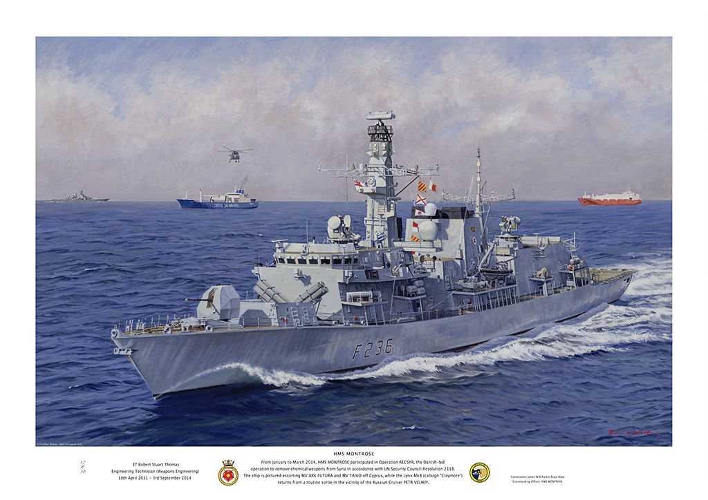 HMS Montrose in Operation RECSYR, escorting MV ARK FUTURA and MV TAIKO off Cyprus, the Lynx Mk8 and Russian Cruiser PETR VELIKIY.