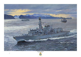 HMS Northumberland HMS Northumberland in Norwegian waters with snow peaked mountains.