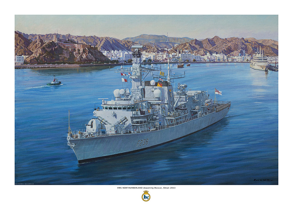 HMS Northumberland leaving Muscat Harbour with rocky hills behind and a deep blue sea.