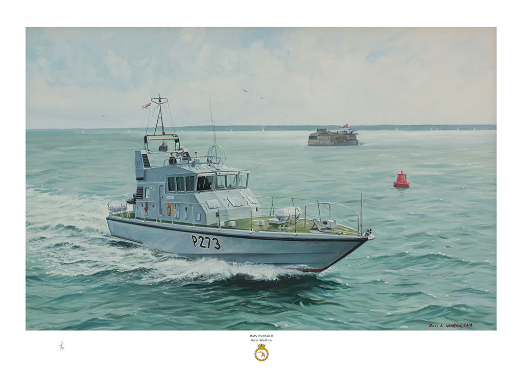 HMS Pursuer at speed passing Spitsand Fort in the Solent and a red bouy behind.