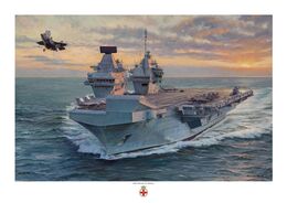 HMS Prince of Wales HMS Prince of Wales launching one of her F35-b Lightning aircraft, with the sun setting on the horizon.