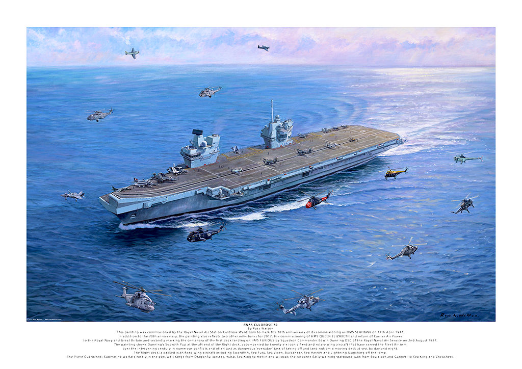 HMS QUEEN ELIZABETH in a blue sea with historic navy aircraft and helicopters flying around.