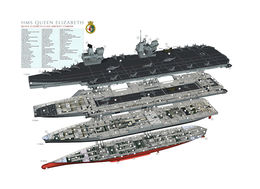 HMS Queen Elizabeth (cutaway) HMS Queen Elizabeth cutaway of decks showing engines and hangar with aircraft on deck.