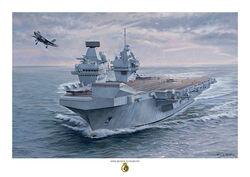 HMS Queen Elizabeth Oil painting of HMS Queen Elizabeth launching an F35 Lightning from her ski ramp.