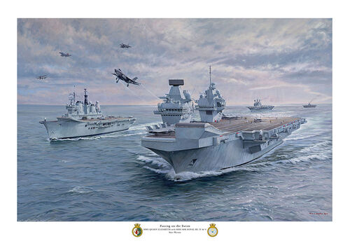 oil painting of HMS Queen Elizabeth with former HMS Ark Royal carriers in convoy with various aircraft flying over.