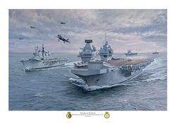HMS Queen Elizabeth with former Ark Royal aircraft carriers. oil painting of HMS Queen Elizabeth with former HMS Ark Royal carriers in convoy with various aircraft flying over.