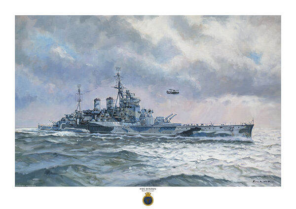 HMS Renown starboard bow view in wartime camouflage with stormy sky and sunlight  on the sea