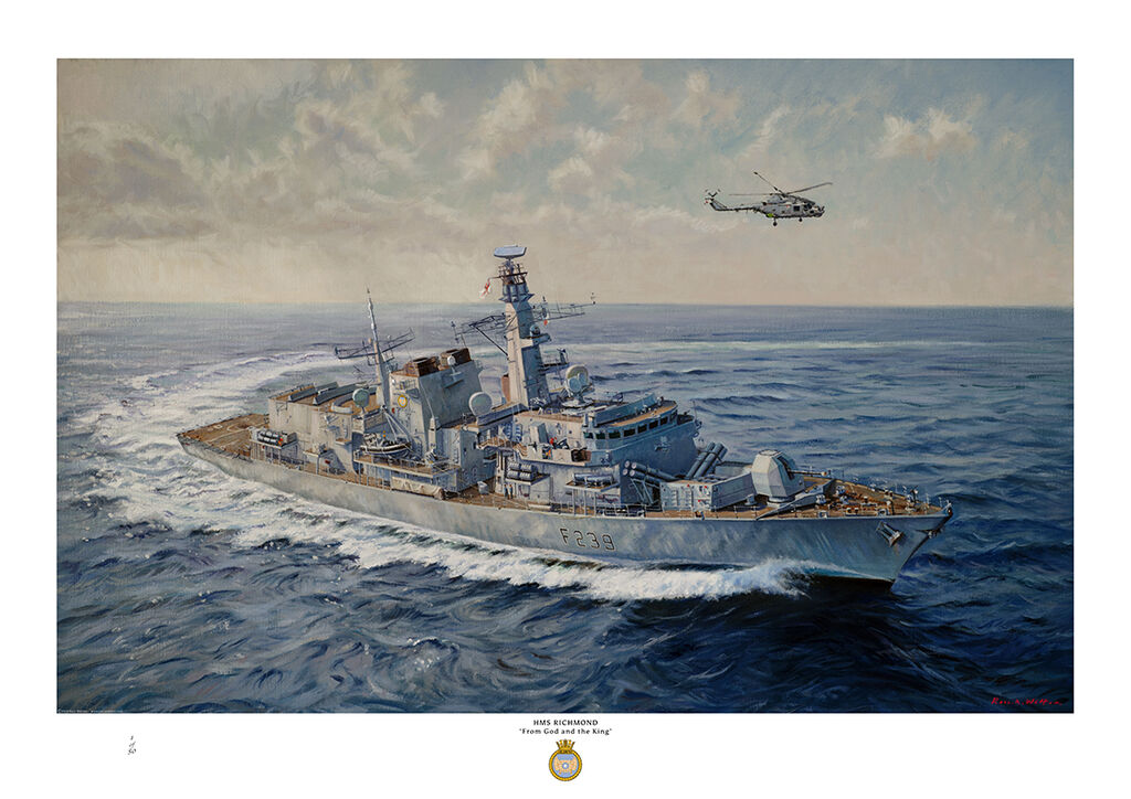 HMS Richmond at sea turning to port at speed showing her starboard side from above and her helicopter airborne overhead.