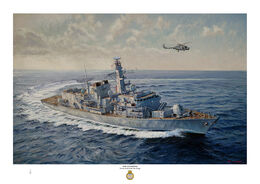 HMS Richmond HMS Richmond at sea turning to port at speed showing her starboard side from above and her helicopter airborne overhead.