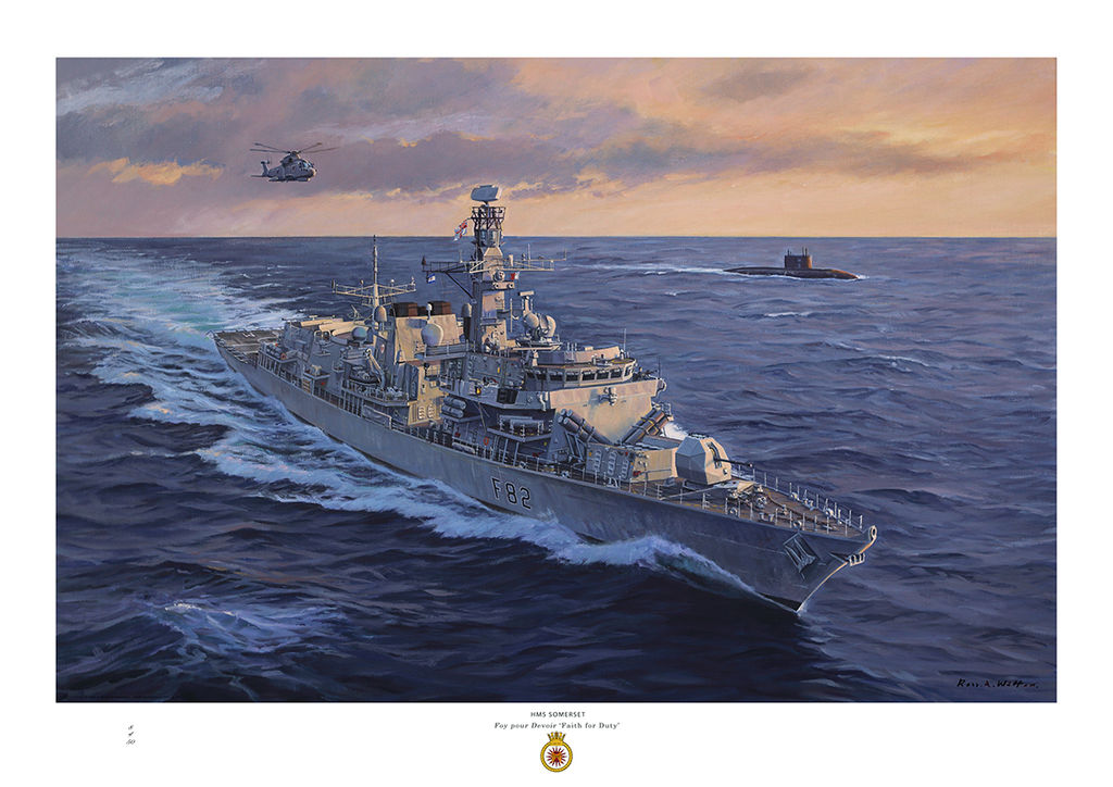 HMS Somerset on a deep coloured sea with orange light in the sky and Russian Kilo -class submarine behind.