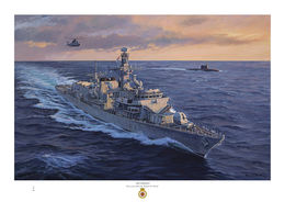 HMS Somerset HMS Somerset on a deep coloured sea with orange light in the sky and Russian Kilo -class submarine behind.