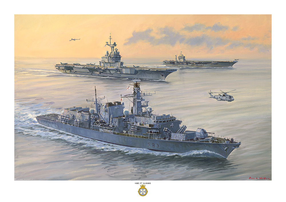 HMS St Albans on a calm sea with bright orange glow in the sky and two aircraft carriers behind.