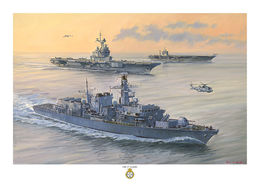 HMS St Albans HMS St Albans on a calm sea with bright orange glow in the sky and two aircraft carriers behind.