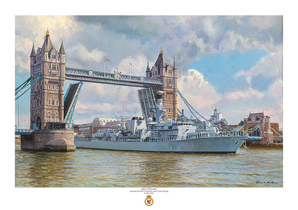 The Royal Navy Type 23 frigate HMS Sutherland (F81) on the River Thames passing under a raised Tower Bridge.