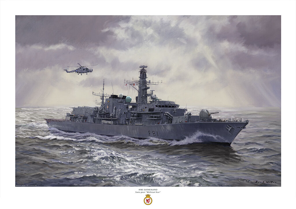 HMS Sutherland in a burst of sun rays glittering on a greenish sea, with her Lynx helicopter overhead