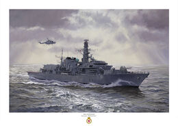 HMS Sutherland HMS Sutherland in a burst of sun rays glittering on a greenish sea, with her Lynx helicopter overhead
