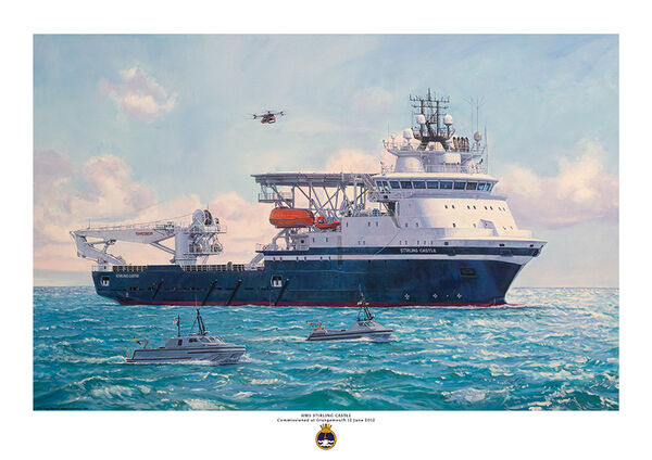 HMS Stirling Castle (M01) at sea, HMS Stirling Castle operating autonomous vehicles, a Royal Navy mine countermeasures support ship featuring a commercial offshore supply hull with prominent subsea heavy-lift cranes.