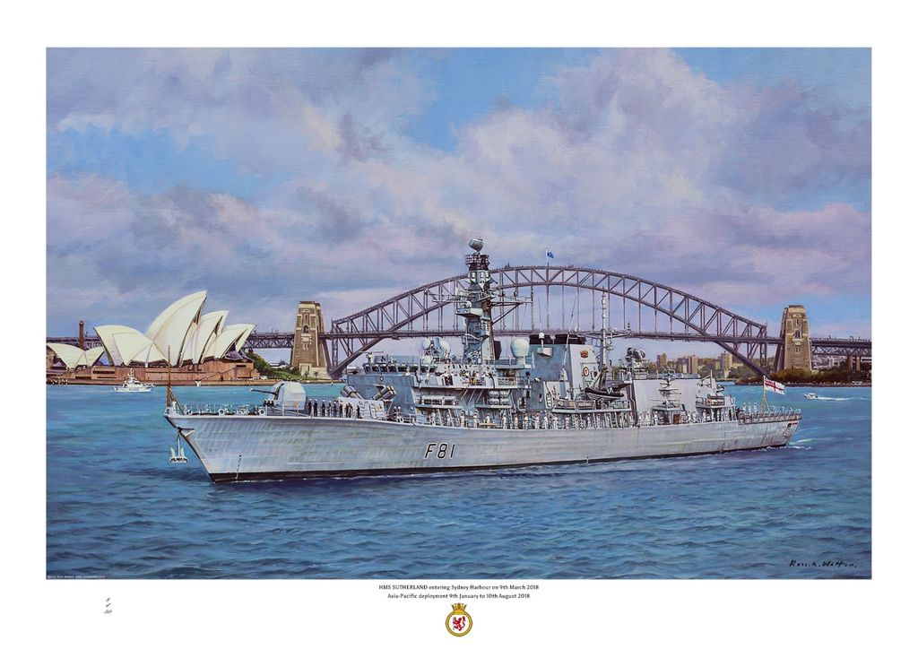 HMS Sutherland in Sydney Harbour Australia with the Opera House and Bridge behind.