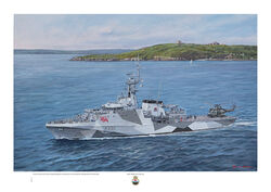 HMS Tamar with camouflage scheme off Falmouth