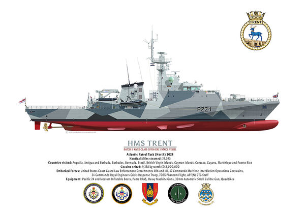 HMS TRENT starboard profile coloured drawing showing all the ship's details.