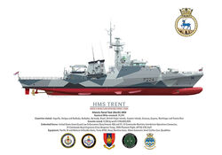 HMS TRENT starboard profile coloured drawing showing all the ship's details.