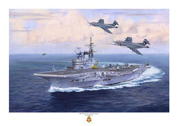 HMS Victorious and Buccaneers HMS Victorious turning to starboard viewed from the port bow with two of her Buccaneer S2 jets passing overhead.