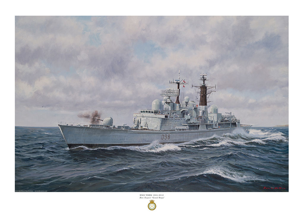 HMS York firing her Mk 8 Mod 0 gun with bright cloudy sky and heavy sea.