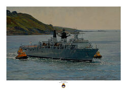 HMS Albion LPD entering Plymouth harbour with tugs and sparkling sea.