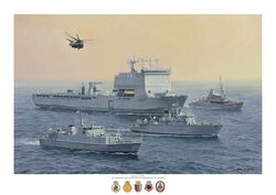 Operation Kipion 2020 HMS Shoreham, HMS Brocklesby the USS Dextrous in company with RFA Cardigan Bay