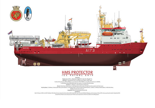 HMS Protector A173 side profile showing complete hull and ship's crest with penguin funnel emblem.