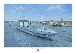 RFA Tiderace leaving Portsmouth Harbour with seagulls flying across and Spinnaker Tower behind.