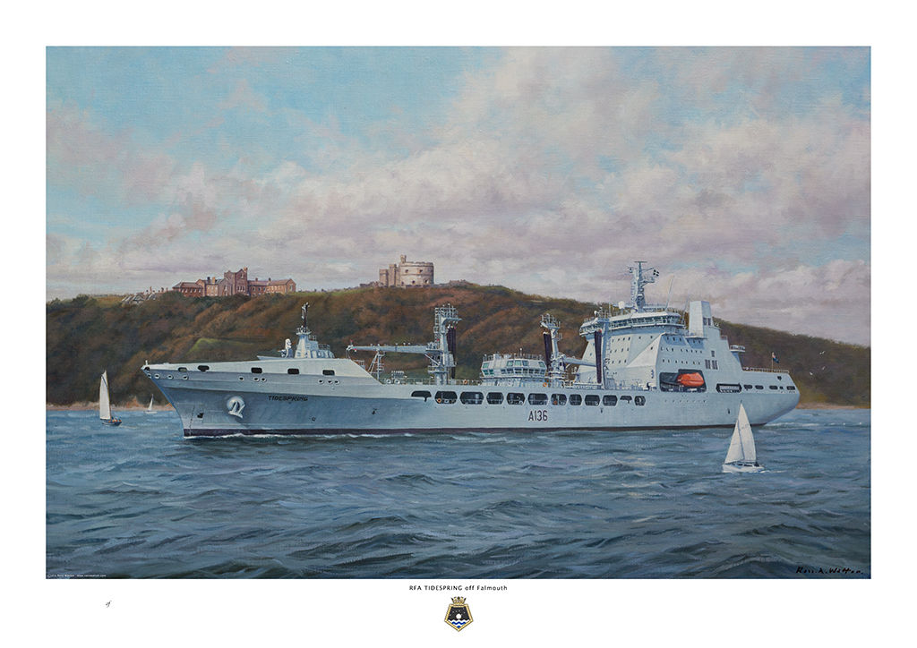 RFA Tidespring off Falmouth with cloudy sky and several yachts around.