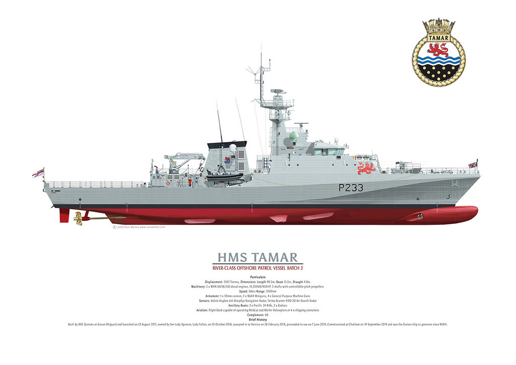 HMS Tamar starboard side colour illustration showing underwater details and ship's crest.