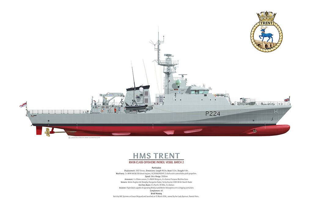 HMS TRENT starboard profile coloured drawing showing all the ship's details.