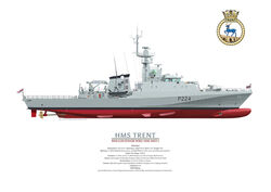 HMS TRENT starboard profile coloured drawing showing all the ship's details.
