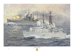 HMS Exeter (The Spirit of HMS Exeter) HMS Exeter D86 with the World War two cruiser behind firing her guns.