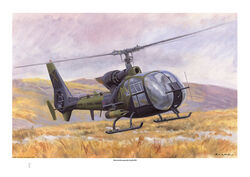 Westland Aérospatiale Gazelle AH1 airborne low over rough terrain