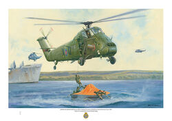 Westland Wessex HU.5 saving survivors in a life-raft, from RFA Sir Galahad at Bluffs Cove Falklands Islands.