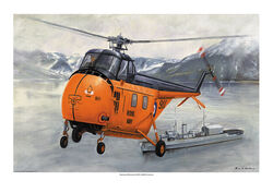 Westland Whirlwind HAR1 airborne over South Georgia with HMS Protector below