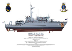 HMAS YARRA, Australian Huon-class Minehunter starboard colour profile, with detail text and ship's crest