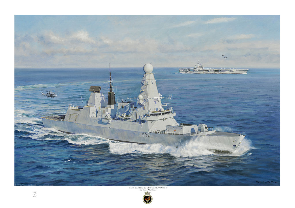 HMS Daring turning to port at speed with the USS Carl Vinson in the background.