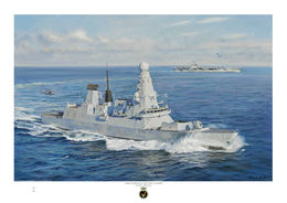 HMS Daring with the USS Carl Vinson HMS Daring turning to port at speed with the USS Carl Vinson in the background.