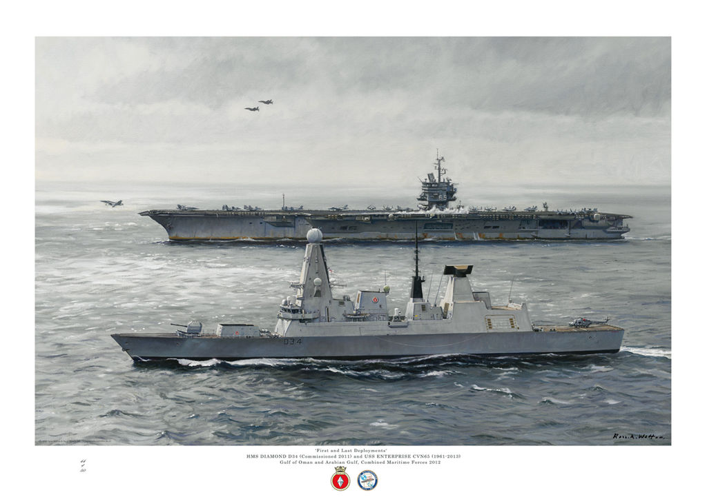 HMS Diamond in a great sea with the USS Enterprise launching her jets in the background