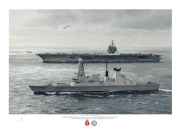 HMS Diamond with the USS Enterprise HMS Diamond in a great sea with the USS Enterprise launching her jets in the background