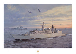 HMS London HMS London passing the Krivak II class frigate Gromkiy, with 2 Sukhoi Su-27 jet fighters overhead during Operation Dervish '91