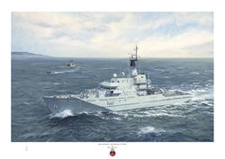 HMS Mersey on a dark green sea having sent her RIB to check a fishing boat.